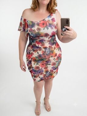 NWT Joseph Ribkoff Floral Mesh Overlay Ruched Bodycon Dress Size 14